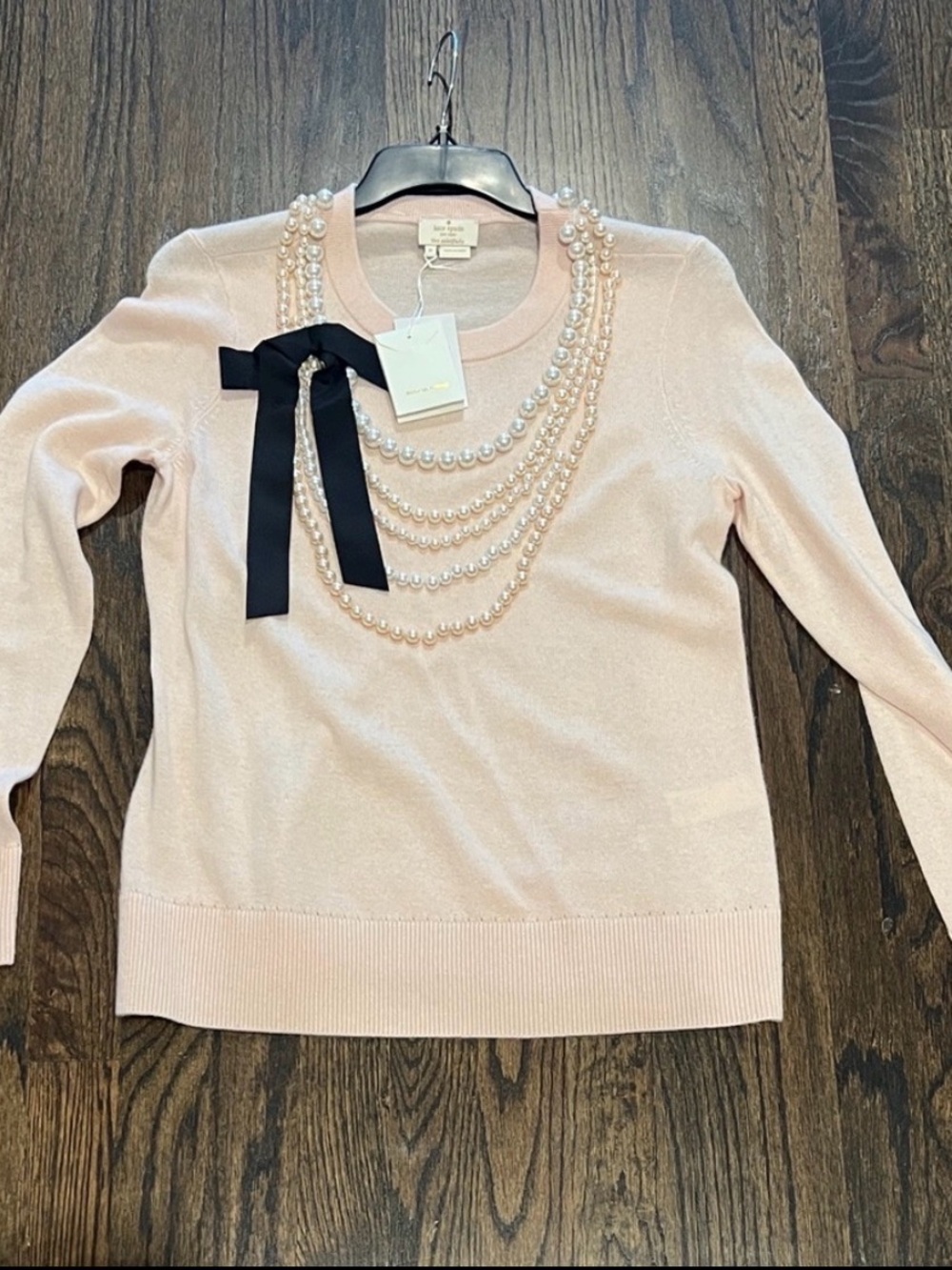 kate spade Pale Pink Pearl-Embellished Sweater with Black Bow